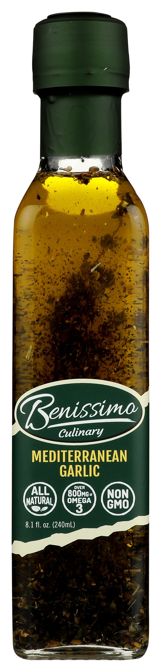 Benissimo Mediterranean Garlic Extra Virgin Olive Oil on white background