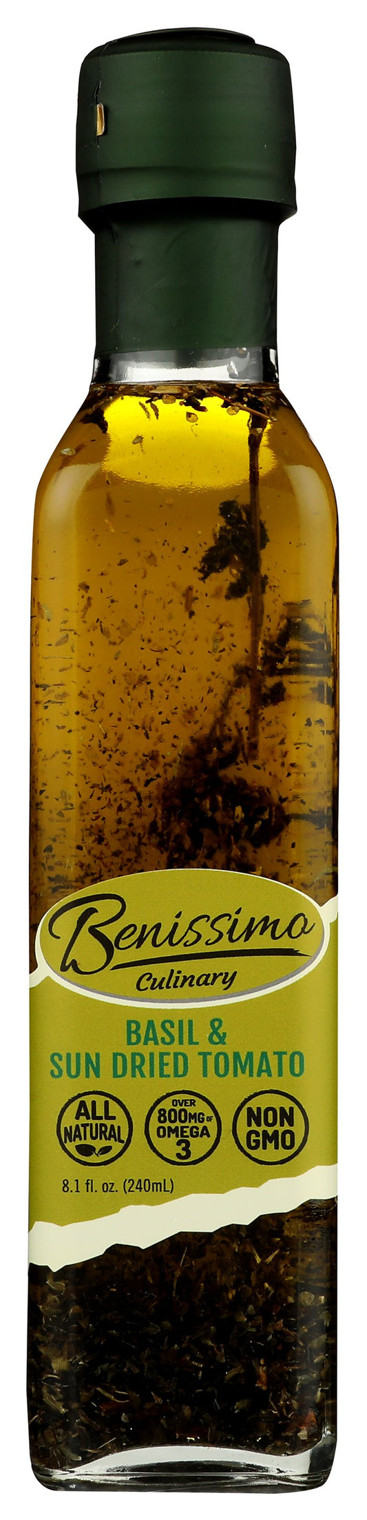 Benissimo olive oil bottle on white background