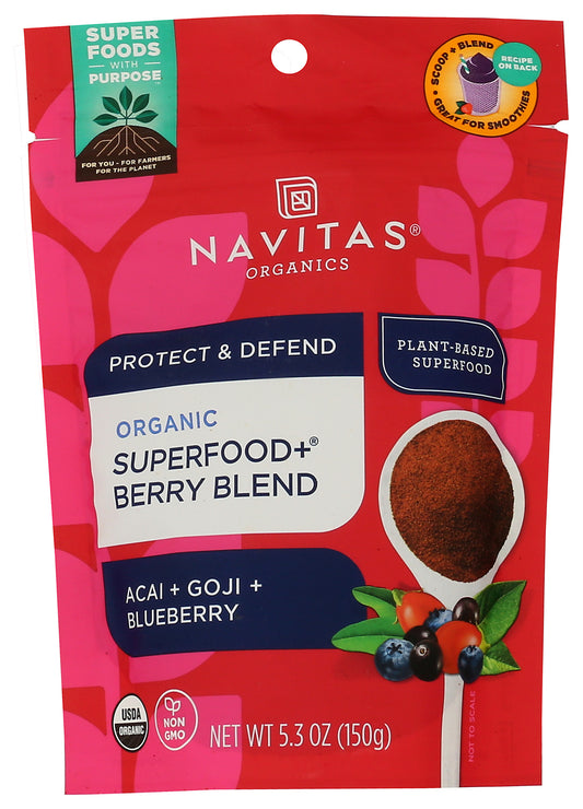 Navitas Organics superfood berry blend on white background