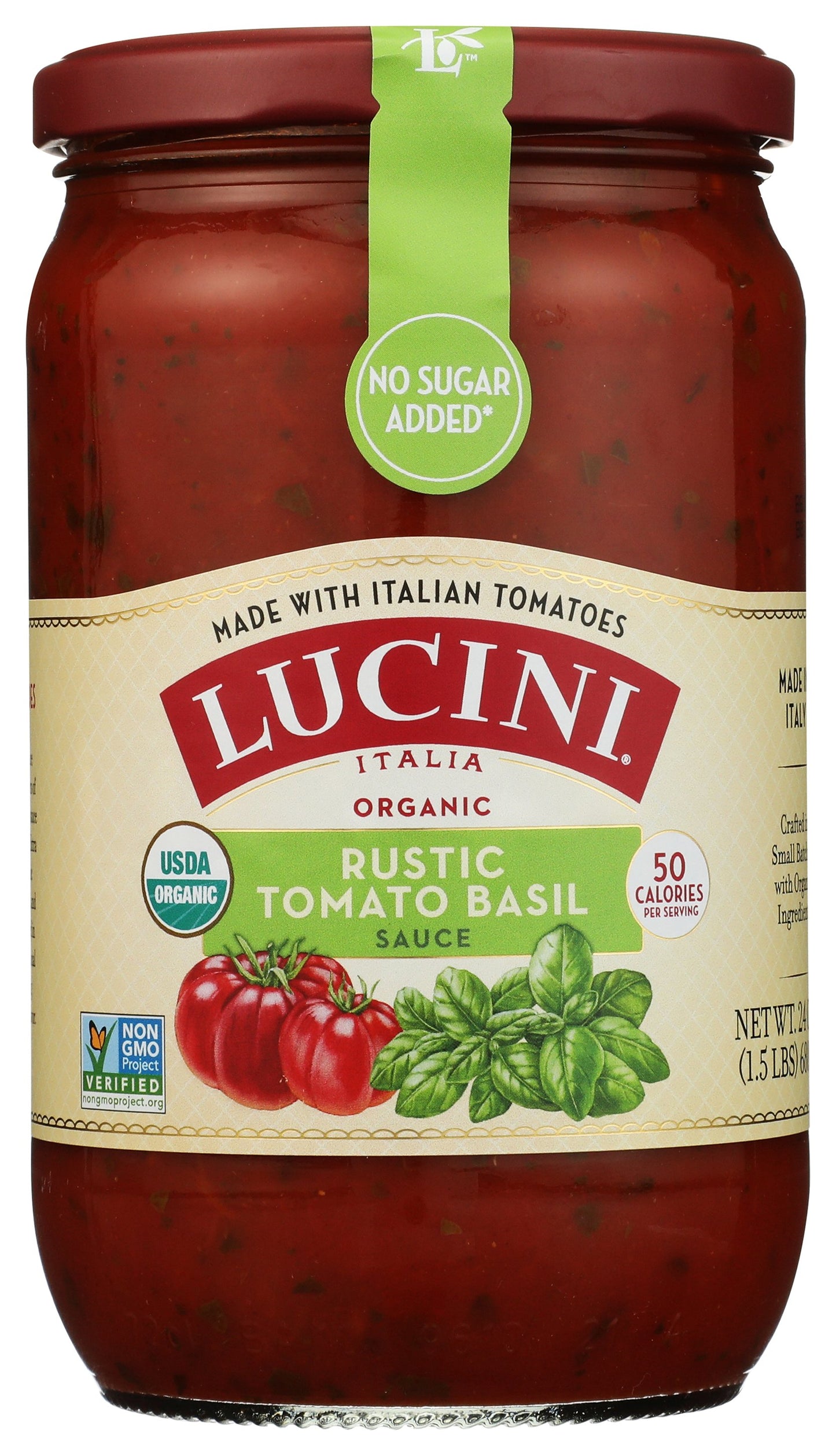 Lucini Italia pasta sauce on white background