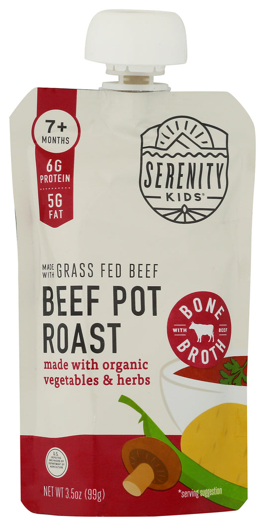 Serenity Kids beef puree pouch on white background