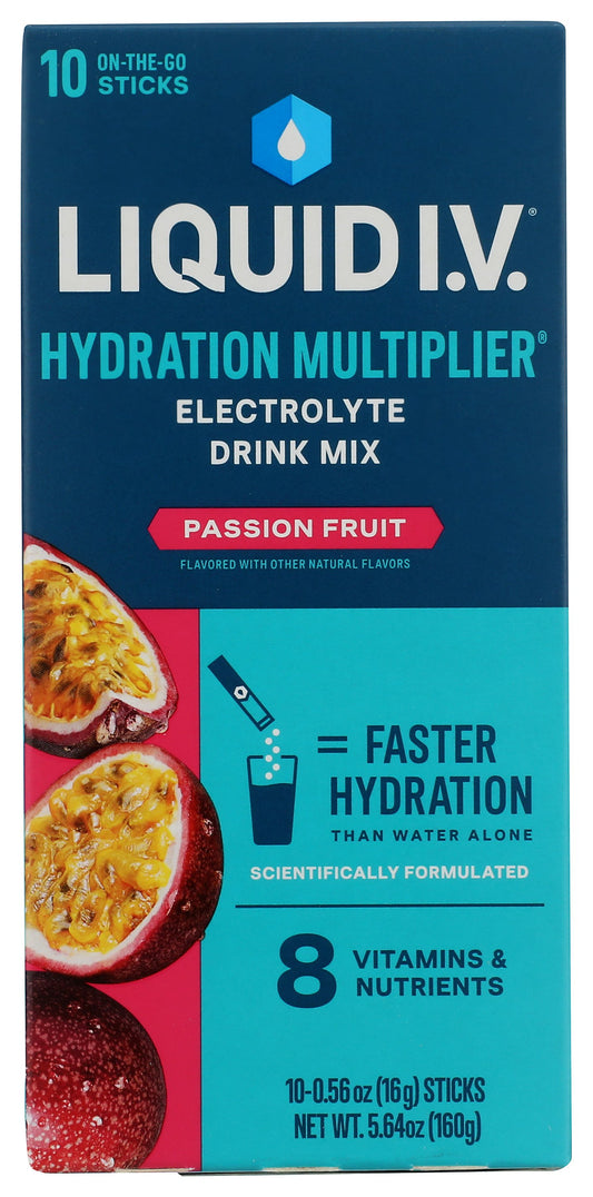 Liquid I.V. passion fruit electrolyte drink mix on white background