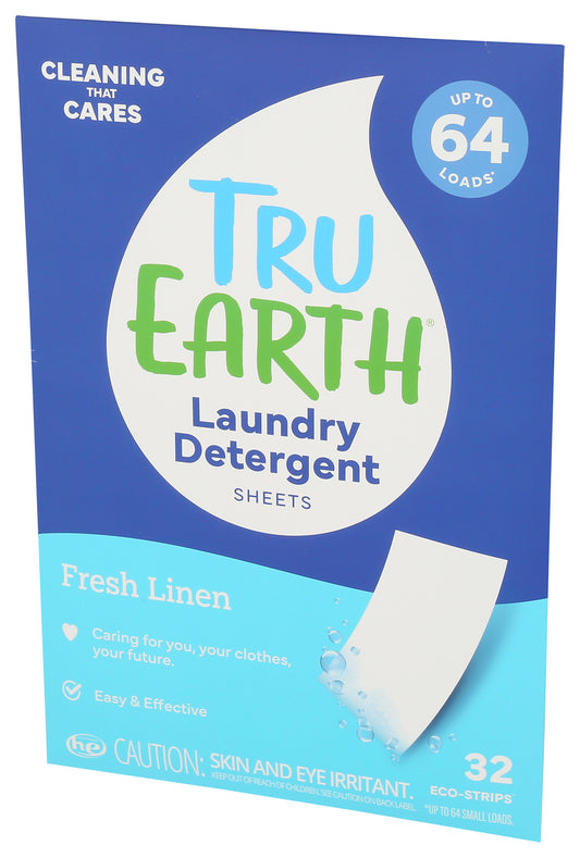Tru Earth laundry detergent strips on white background