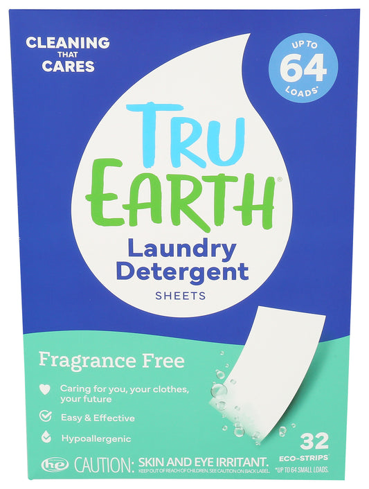Tru Earth laundry detergent strips on white background