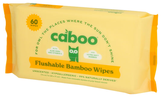 Caboo flushable bamboo wipes on white background