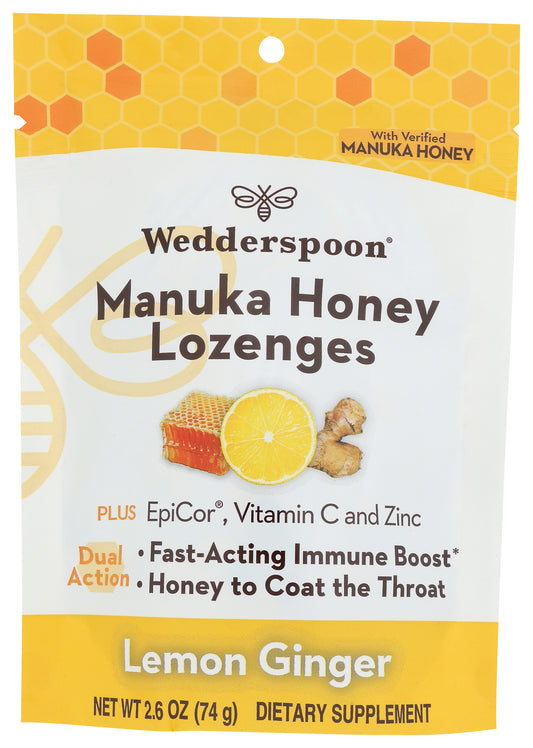 Wedderspoon lemon ginger lozenges on white background