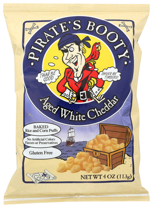 Pirate Brands baked rice and corn puffs on white background