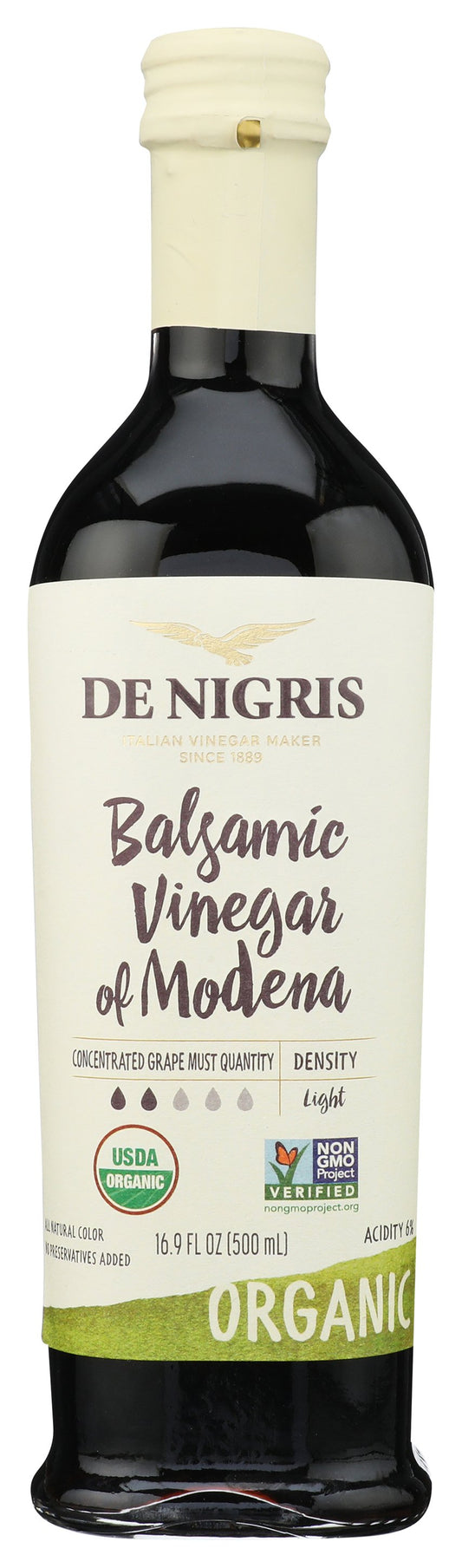 De Nigris Organic Balsamic Vinegar bottle on white background