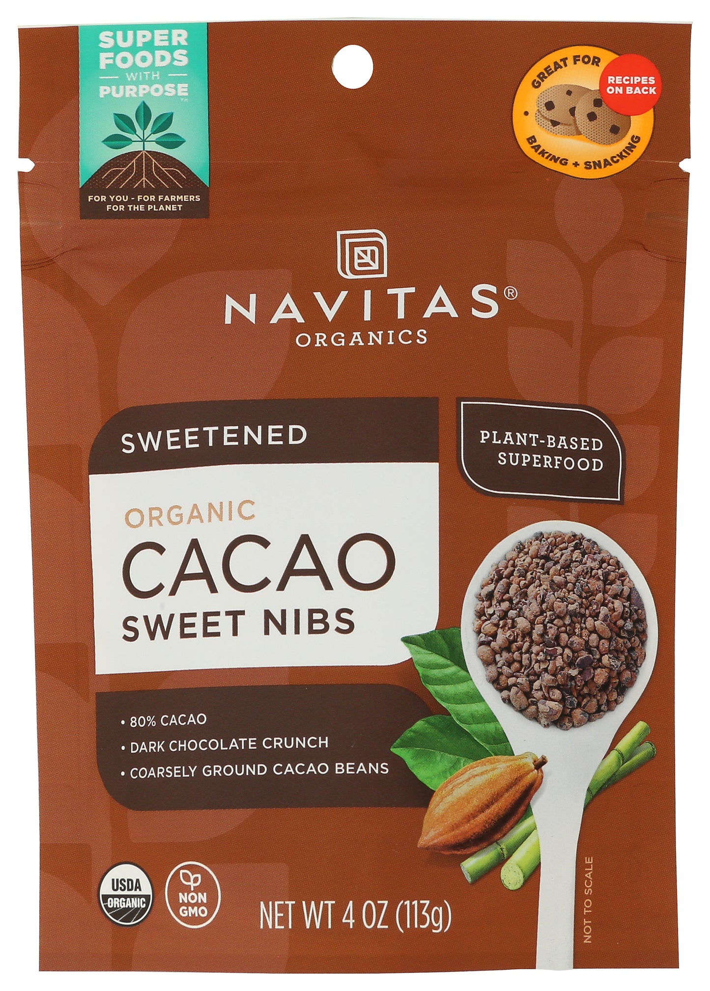 Navitas Organics cacao sweet nibs on white background